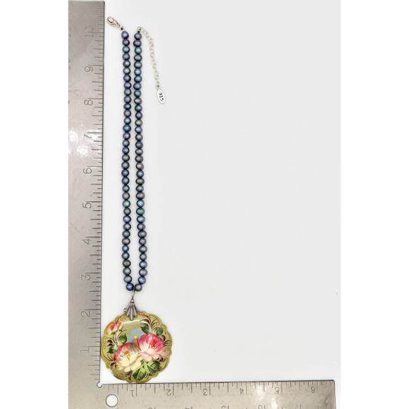 EXEX Necklace Pendant Hand Painted Tahitian Black Pearls 925 Silver Chain BinK - Picture 12 of 12